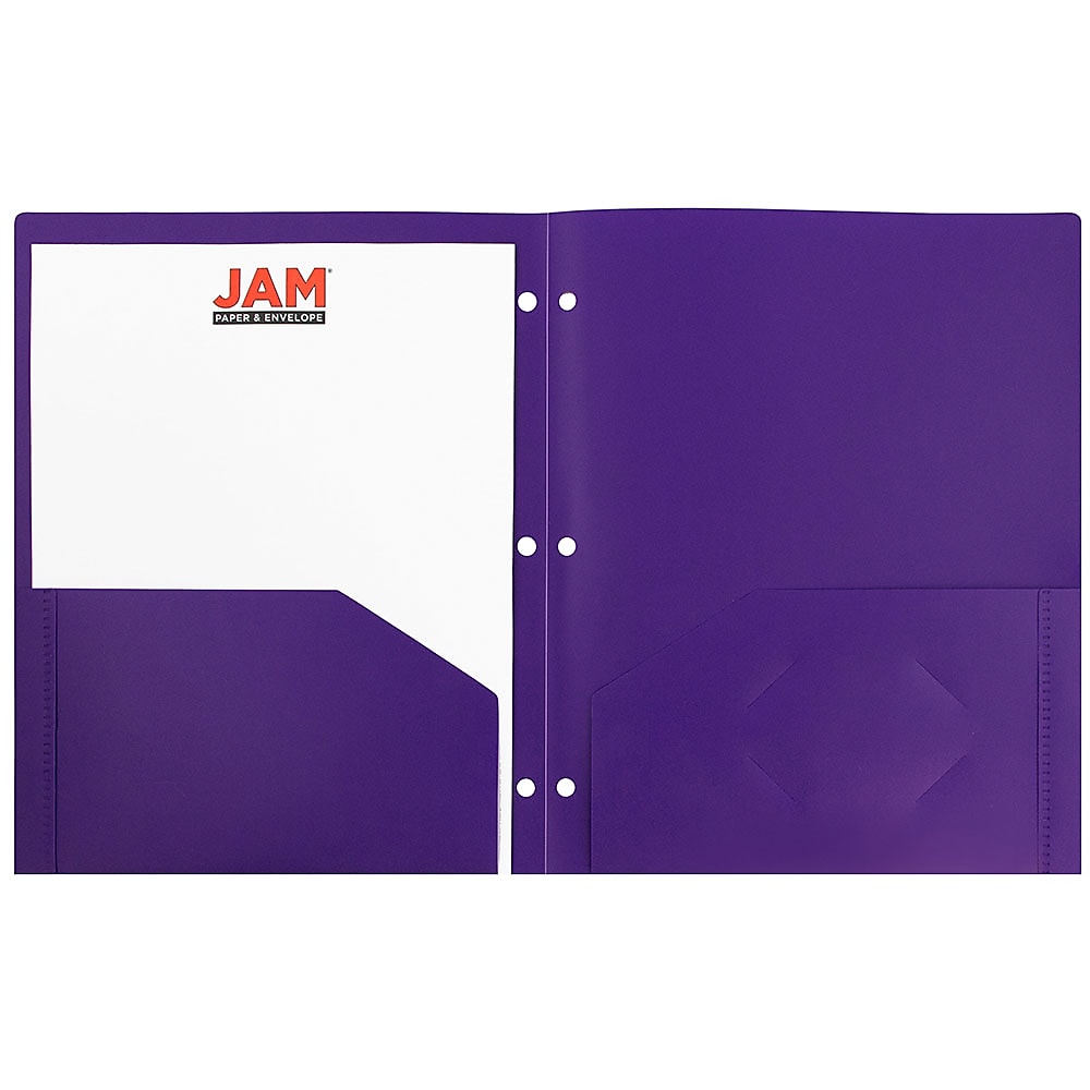 JAM Paper Heavy Duty 3 Hole Punch Two-Pocket Plastic Folders, Purple, 6/Pack