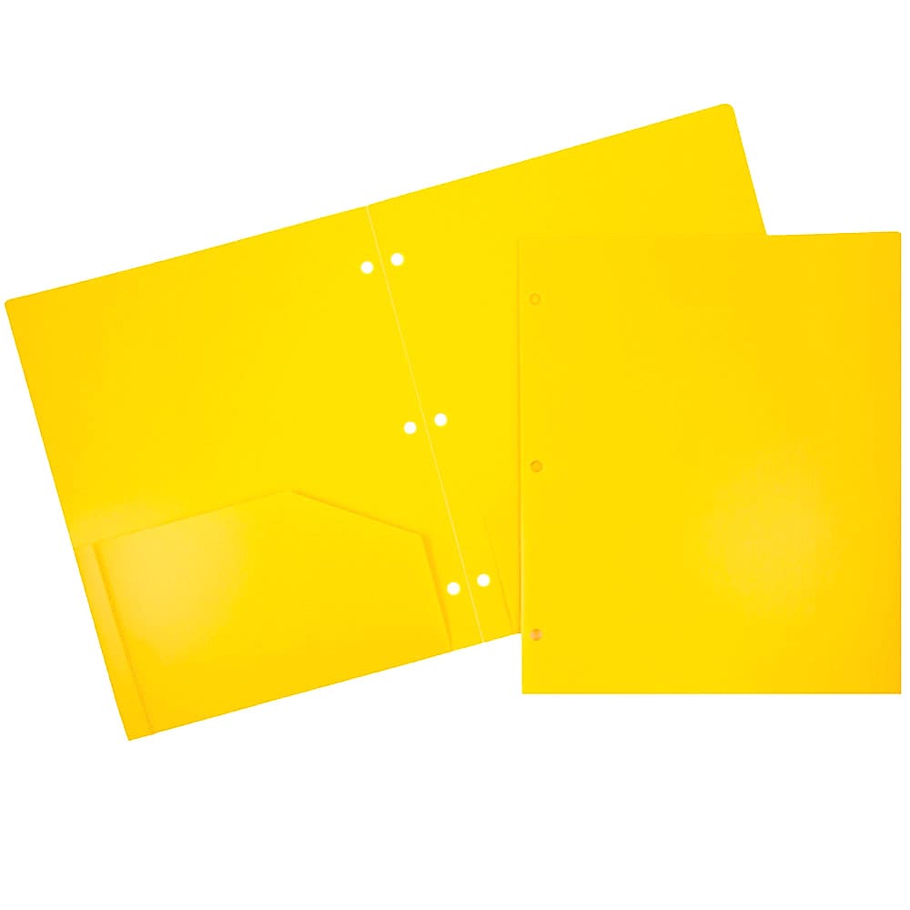 JAM Paper Heavy Duty 3 Hole Punch Two-Pocket Plastic Folders, Yellow, 6/Pack