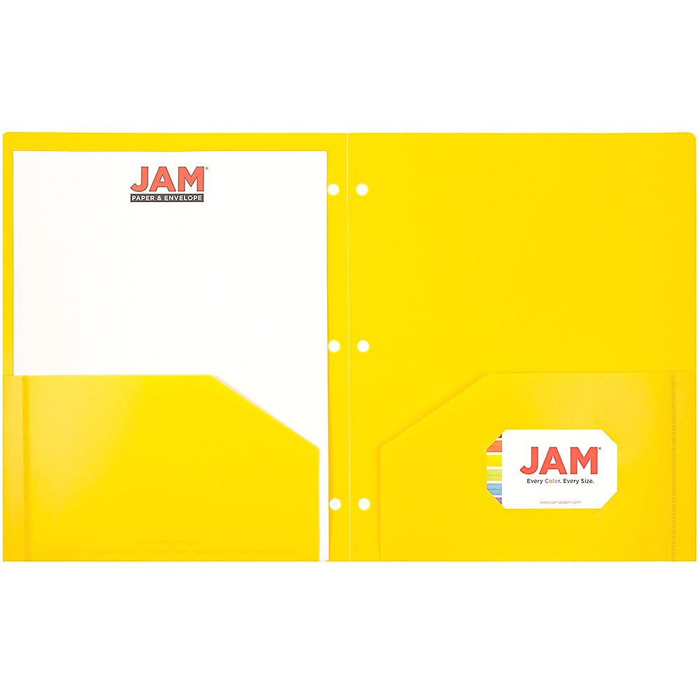 JAM Paper Heavy Duty 3 Hole Punch Two-Pocket Plastic Folders, Yellow, 6/Pack