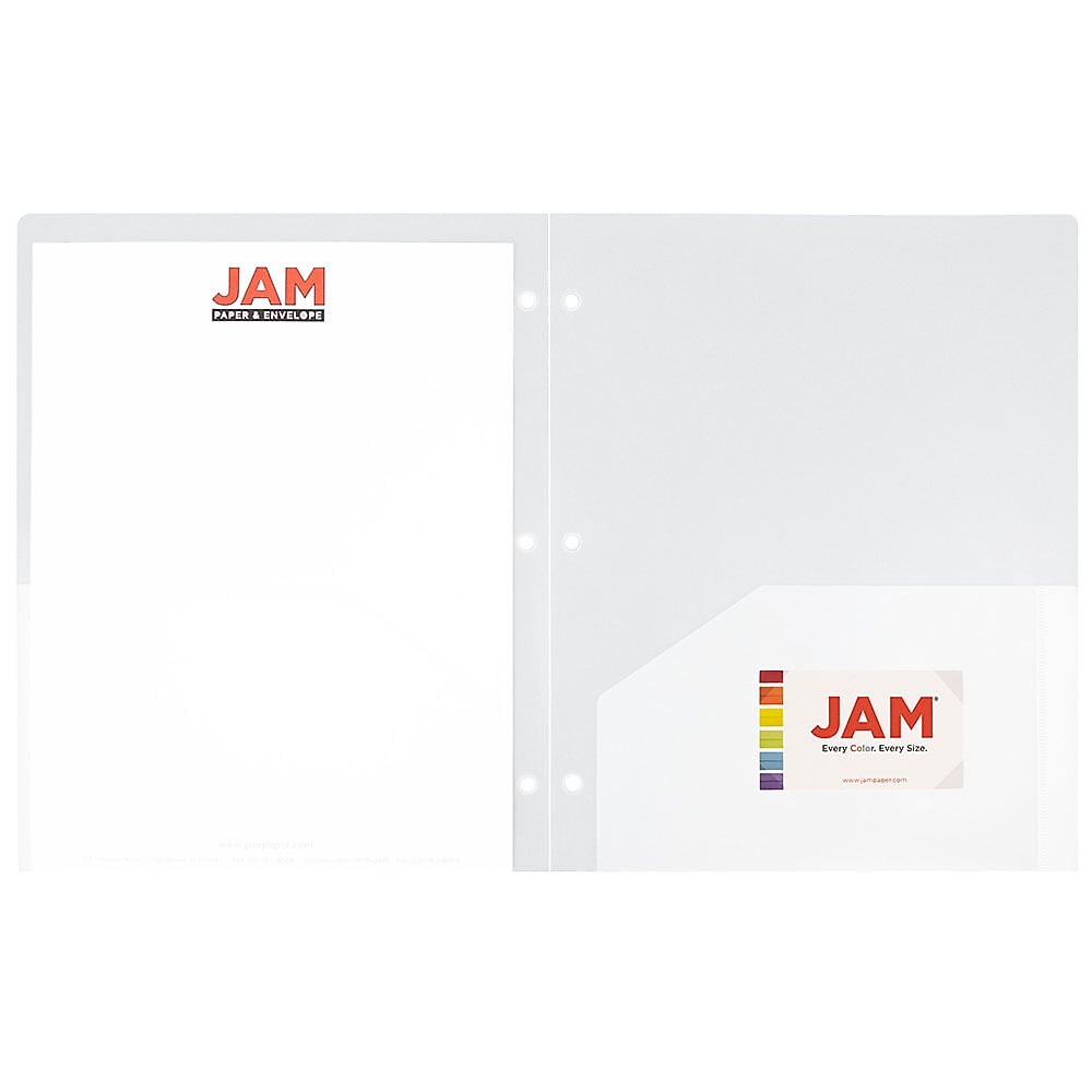 JAM Paper Heavy Duty 3-Hole Punched 2-Pocket Folder, Clear, 6/Pack