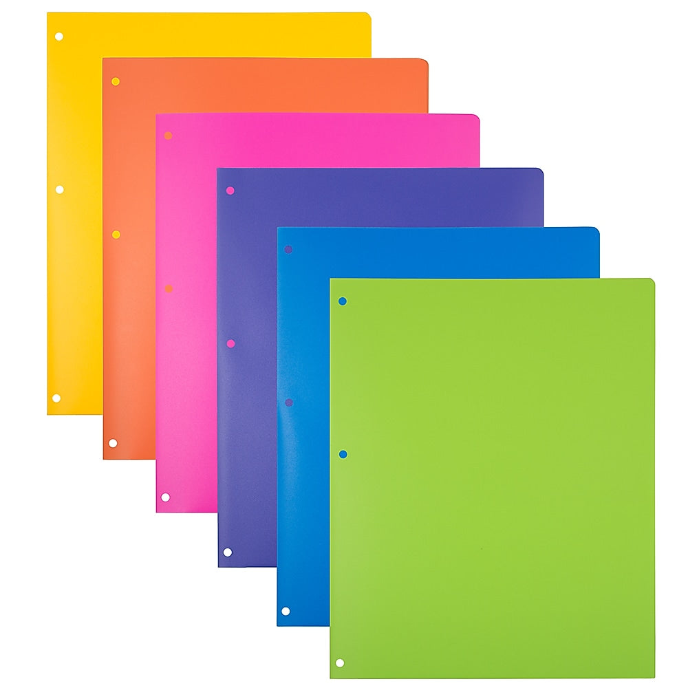 JAM Paper Heavy Duty 3-Hole Punched Plastic 2-Pocket Folders, Multicolored, Assorted Fashion Colors, 6/Pack
