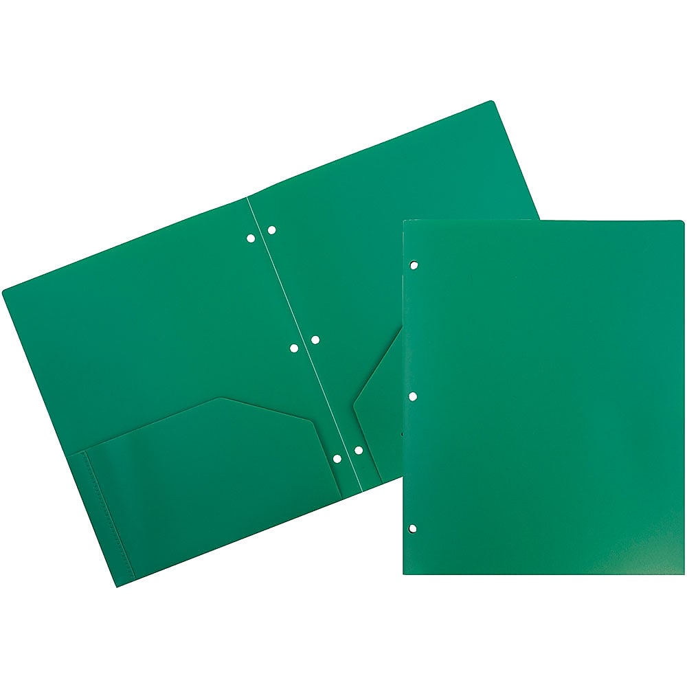 JAM Paper Heavy Duty Plastic 3 Hole Punch Two-Pocket Folders, Green, 6/Pack