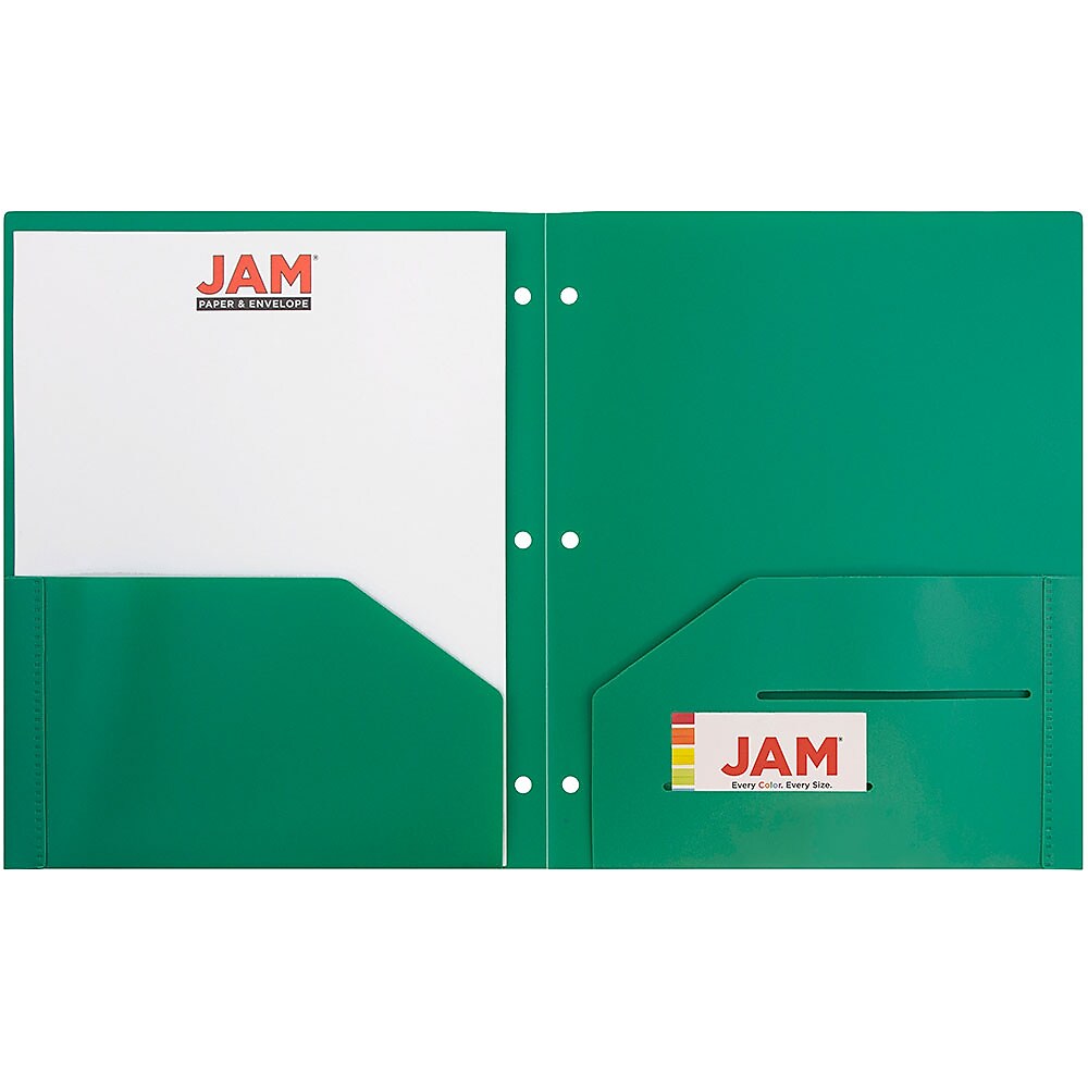 JAM Paper Heavy Duty Plastic 3 Hole Punch Two-Pocket Folders, Green, 6/Pack