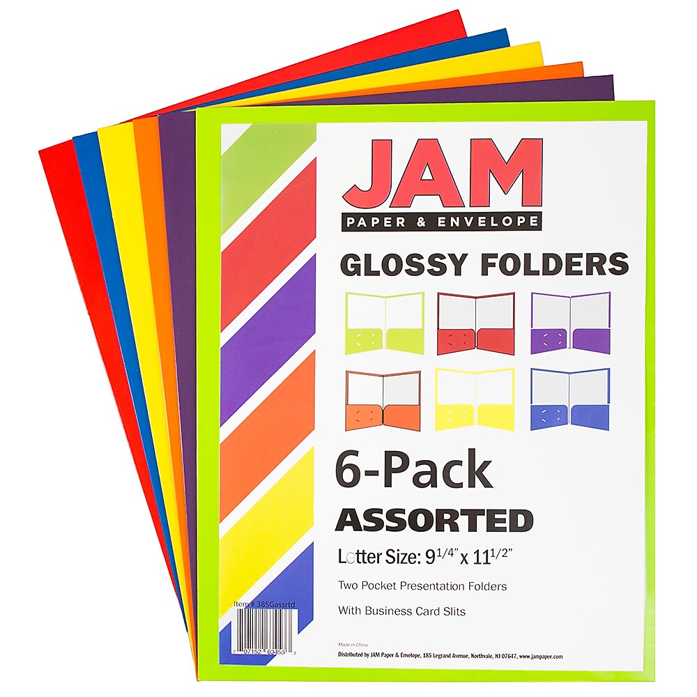 JAM Paper Laminated 2-Pocket Glossy Presentation Folders, Multicolored, Assorted Colors, 6/Pack