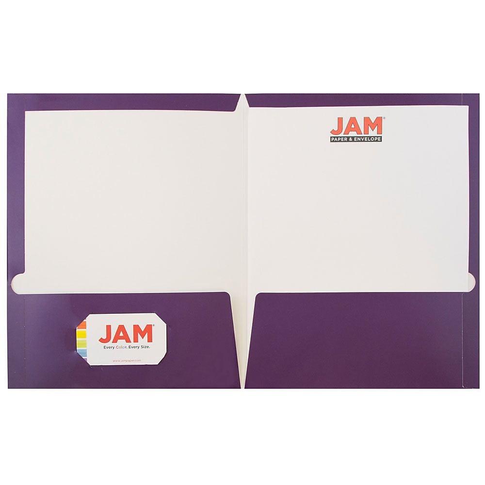 JAM Paper Laminated Two-Pocket Glossy Presentation Folders, Purple, 6/Pack