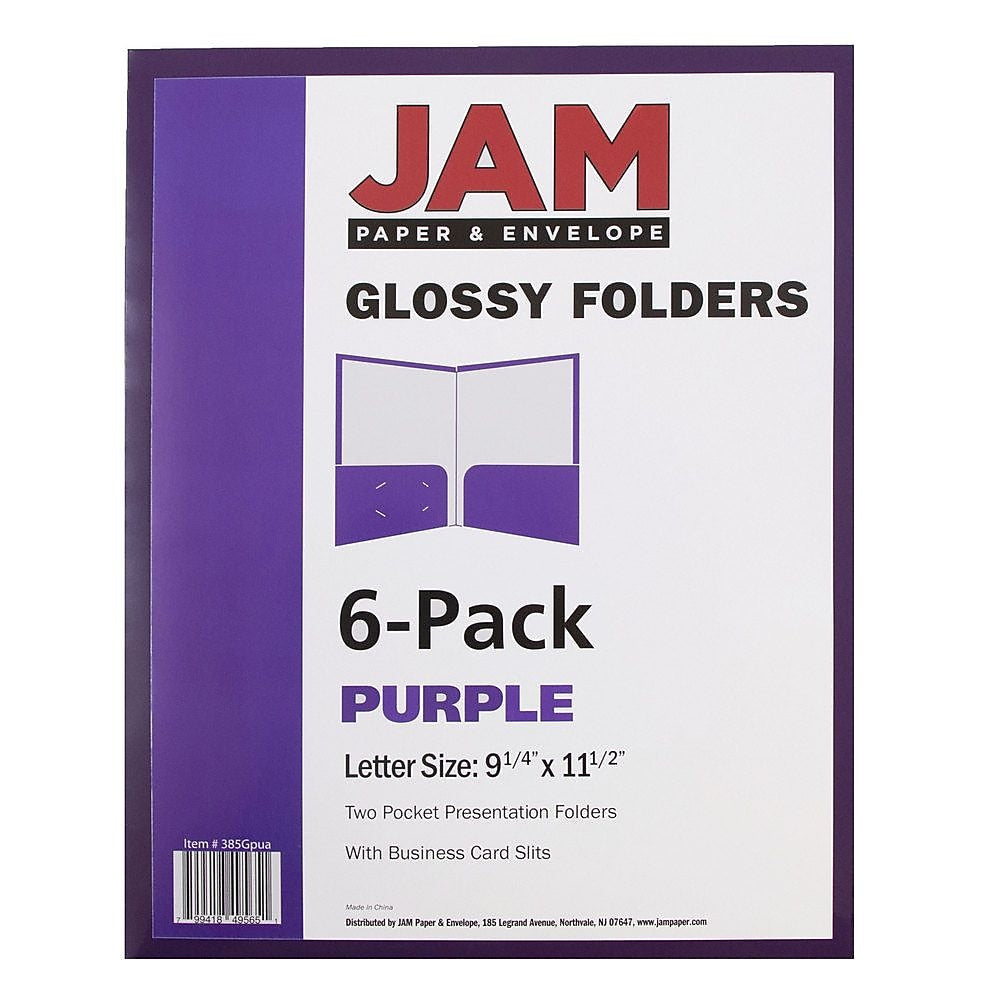 JAM Paper Laminated Two-Pocket Glossy Presentation Folders, Purple, 6/Pack