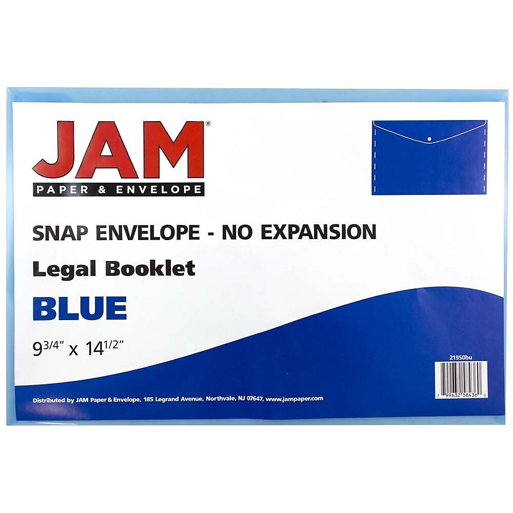 JAM Paper® Plastic Envelopes with Snap Closure, Legal Booklet, 9.75 x 14.5, Blue, 12/pack