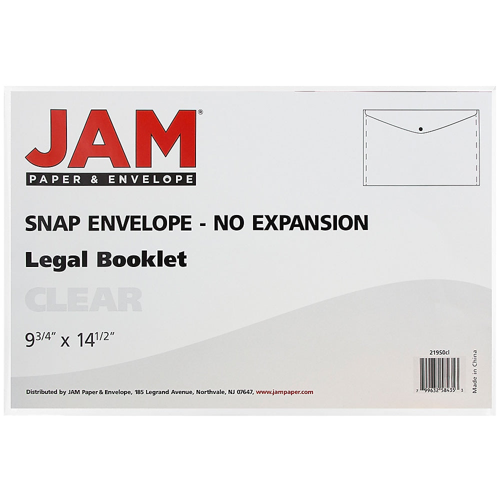 JAM Paper® Plastic Envelopes with Snap Closure, Legal Booklet, 9.75 x 14.5, Clear, 12/Pack