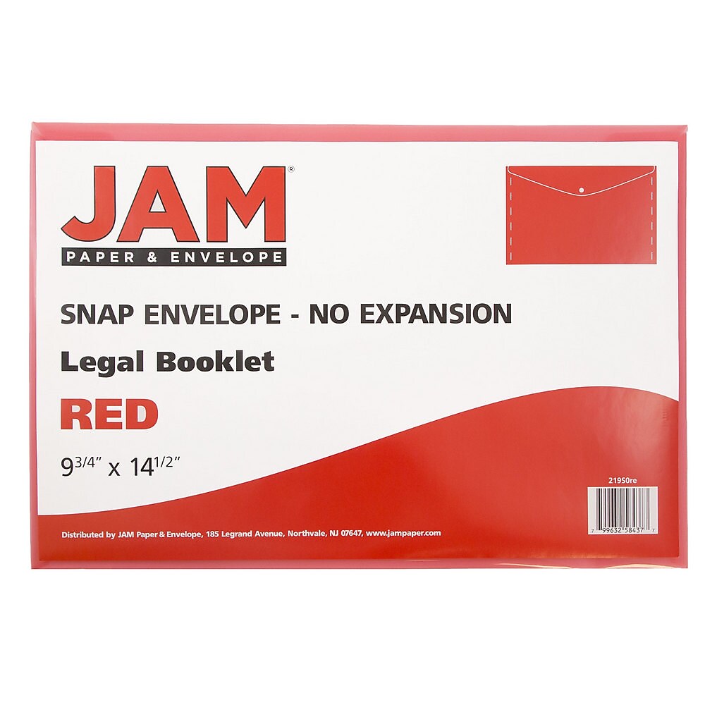 JAM Paper® Plastic Envelopes with Snap Closure, Legal Booklet, 9.75 x 14.5, Red, 12/Pack
