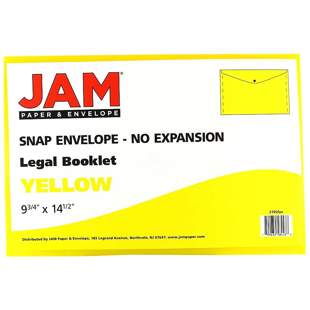 JAM Paper® Plastic Envelopes with Snap Closure, Legal Booklet, 9.75 x 14.5, Yellow, 12/Pack