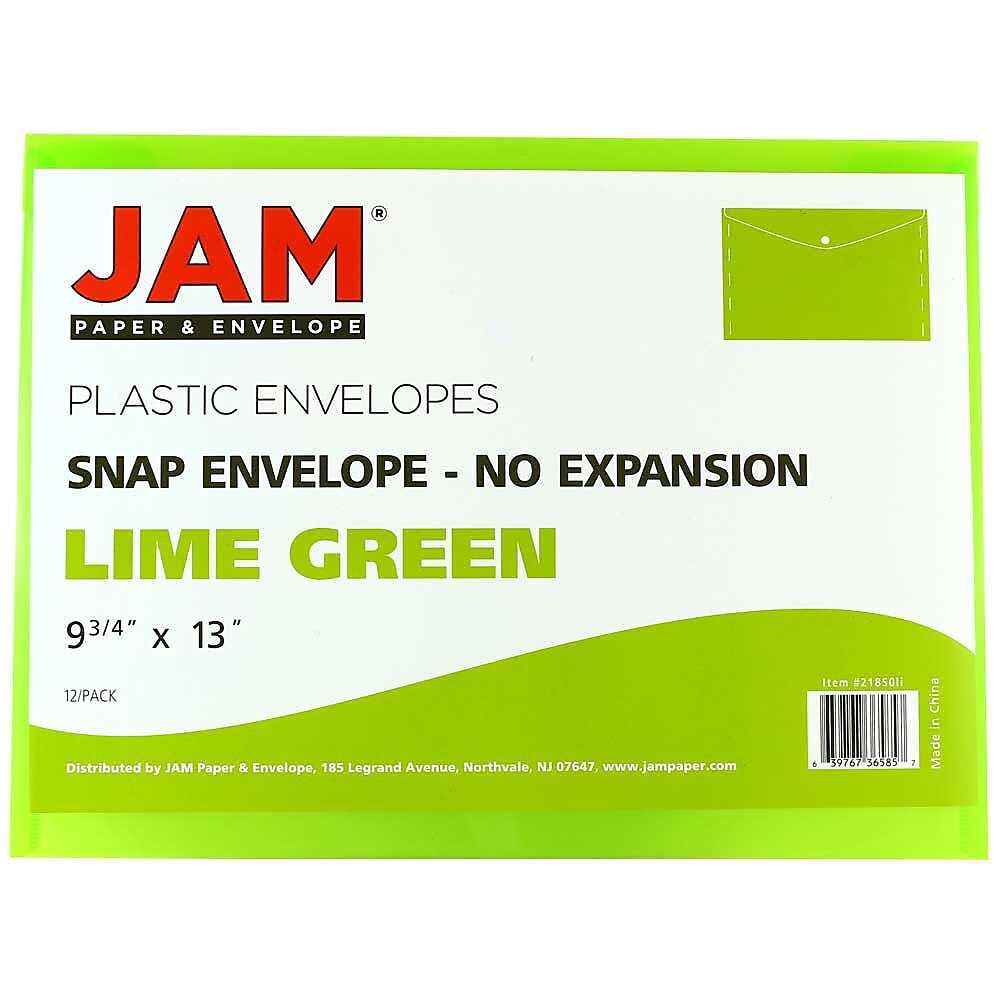 JAM Paper® Plastic Envelopes with Snap Closure, Letter Booklet, 9.75 x 13, Lime Green, 12/Pack