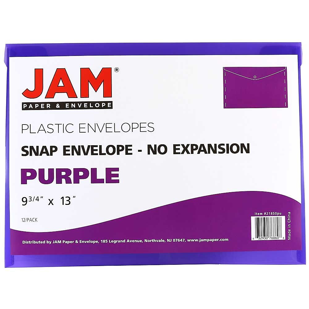 JAM Paper® Plastic Envelopes with Snap Closure, Letter Booklet, 9.75 x 13, Purple, 12/Pack