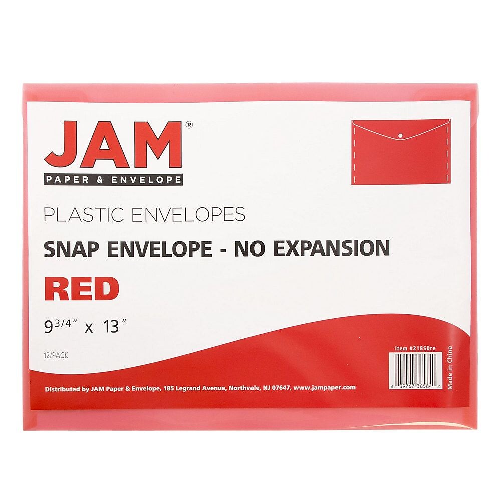 JAM Paper® Plastic Envelopes with Snap Closure, Letter Booklet, 9.75 x 13, Red, 12/Pack