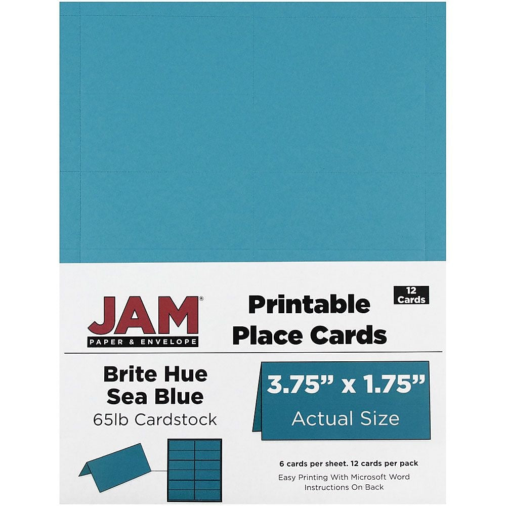 JAM Paper® Printable Place Cards, 3 3/4 x 1 3/4, Sea Blue Placecards, 12/Pack