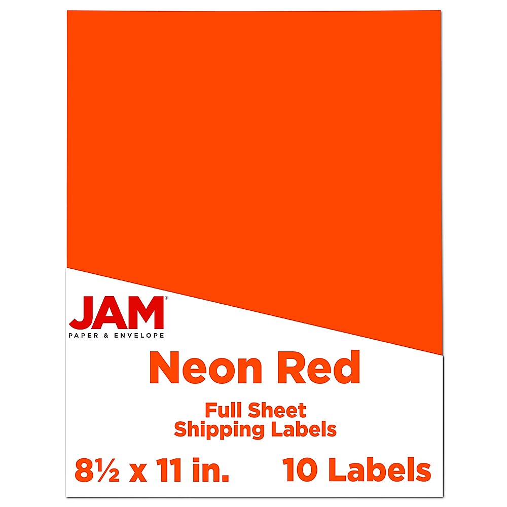 JAM Paper Shipping Labels, Full Page, 8 1/2 x 11 Sticker Paper, Neon Red, 1 Label/Sheet, 10 Labels/Pack
