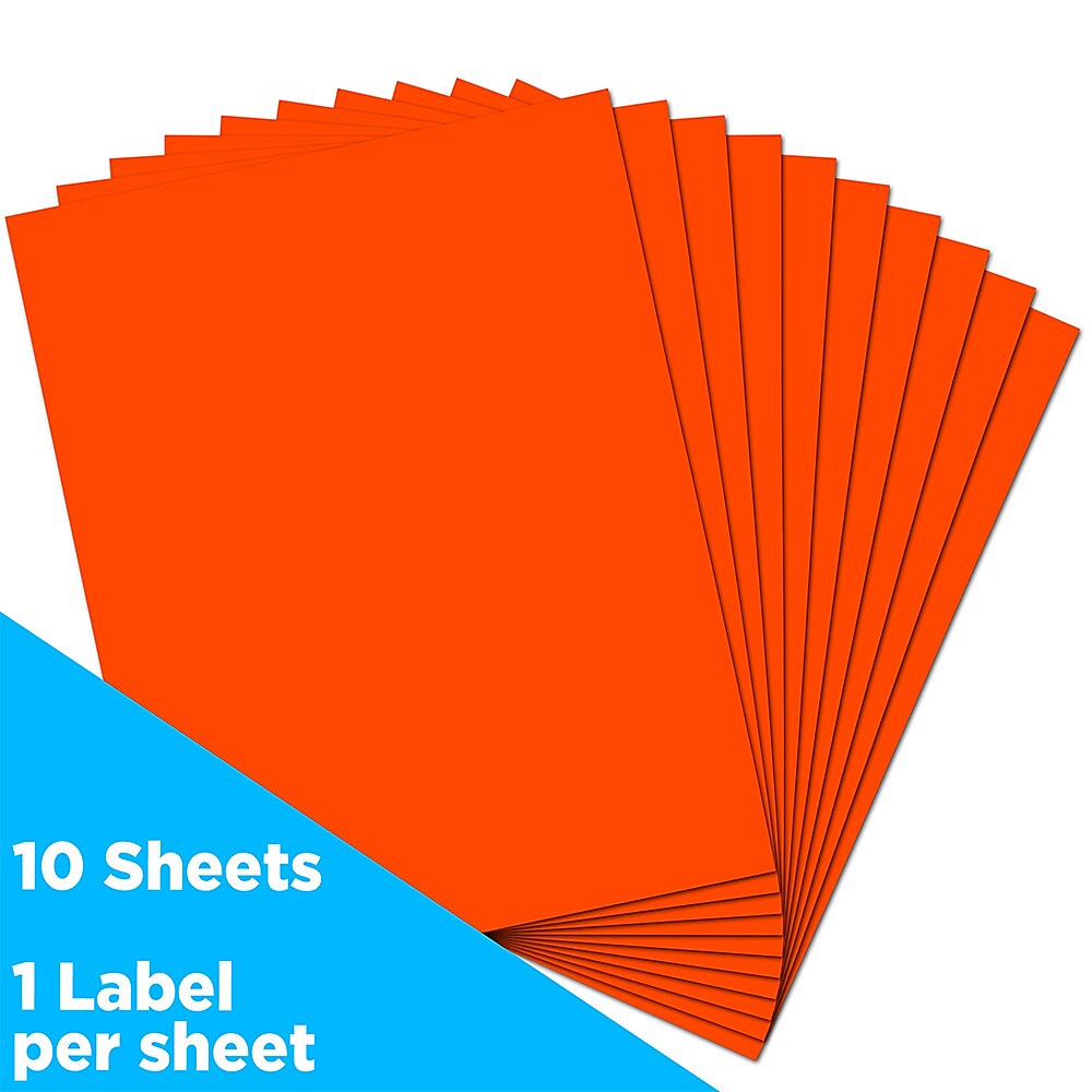 JAM Paper Shipping Labels, Full Page, 8 1/2 x 11 Sticker Paper, Neon Red, 1 Label/Sheet, 10 Labels/Pack