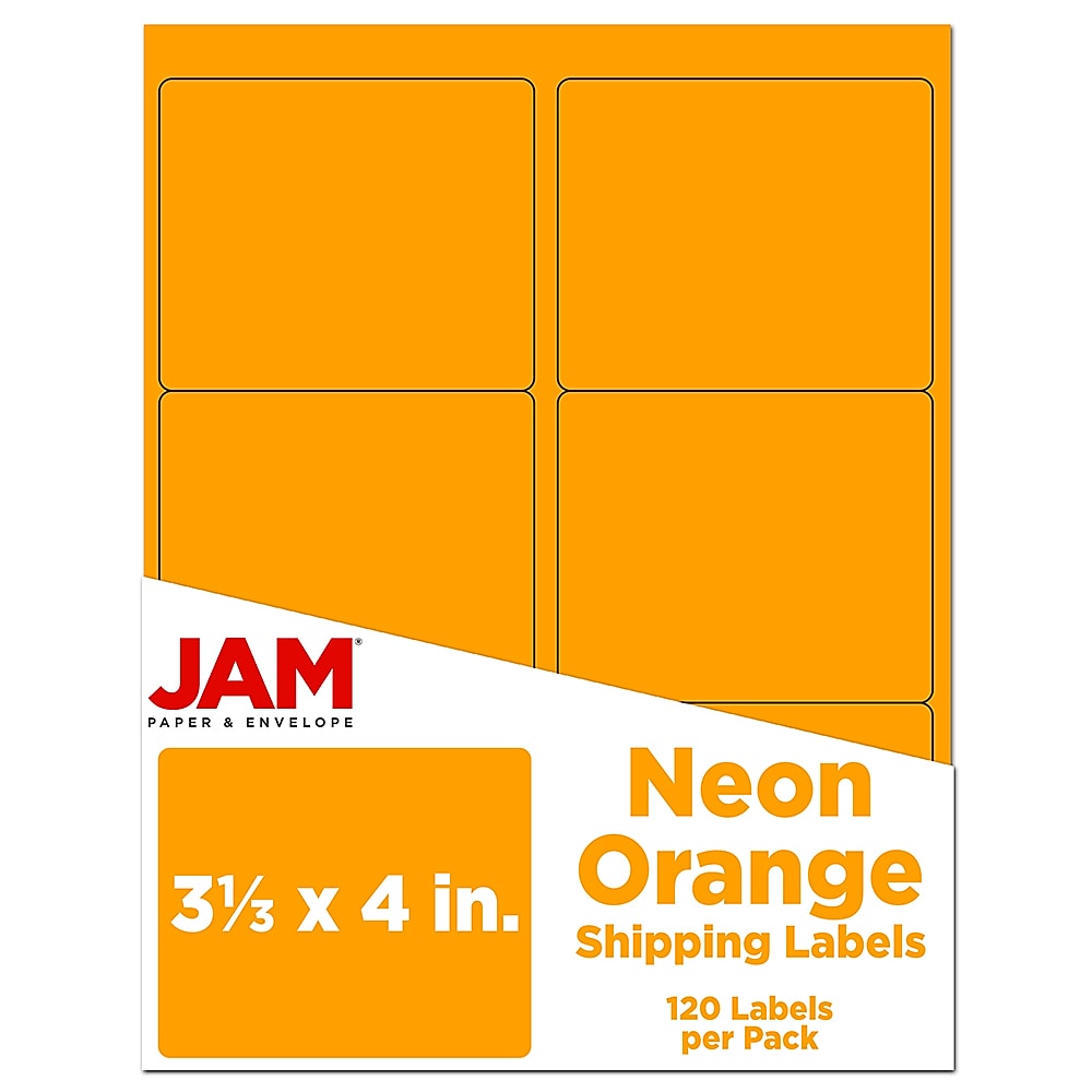 JAM Paper Shipping Labels, Large, 3 1/3 x 4, Neon Orange, 6 Labels/Sheet, 20 Sheets/Pack