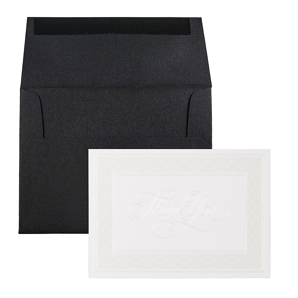 JAM PAPER Thank You Card Sets, Pearl Border Card with Black Linen Envelopes, 25 Cards and Envelopes