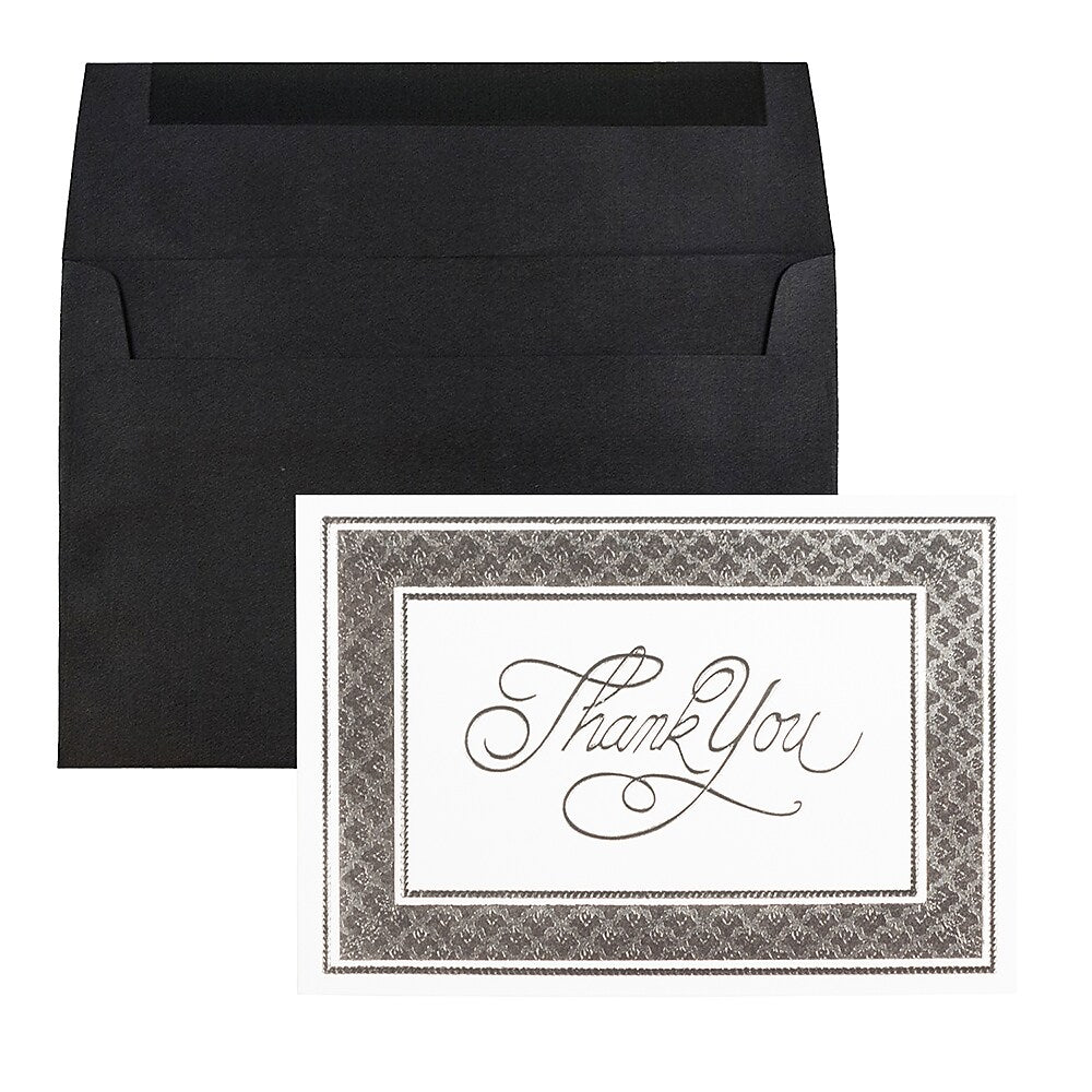 JAM PAPER Thank You Card Sets, Silver Border Cards with Black Linen Envelopes, 25 Cards and Envelopes