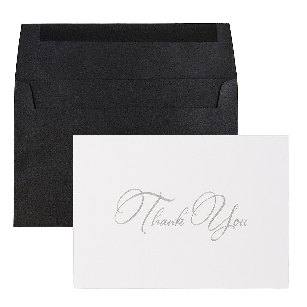 JAM PAPER Thank You Card Sets, Silver Script Cards with Black Linen Envelopes, 25 Cards and Envelopes