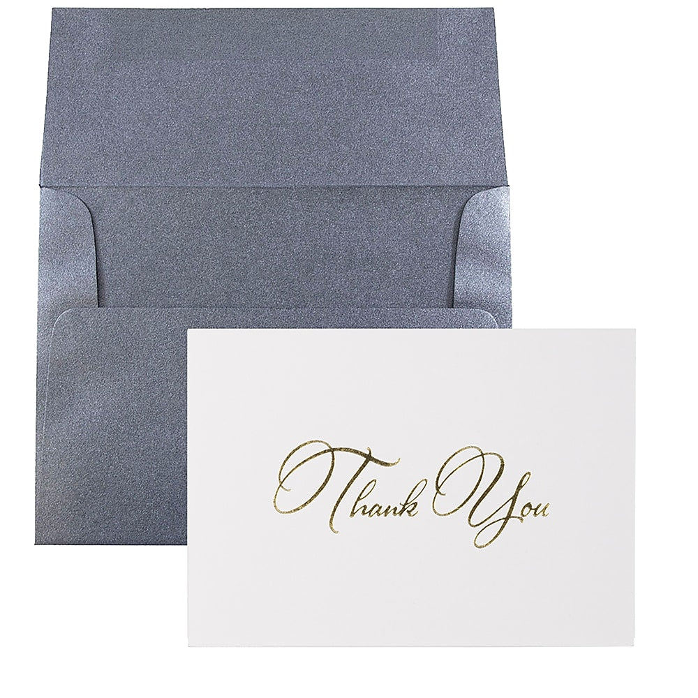 JAM PAPER Thank You Card Sets, White Care with Gold Script & Anthracite Stardream Envelopes, 25 Cards and Envelopes