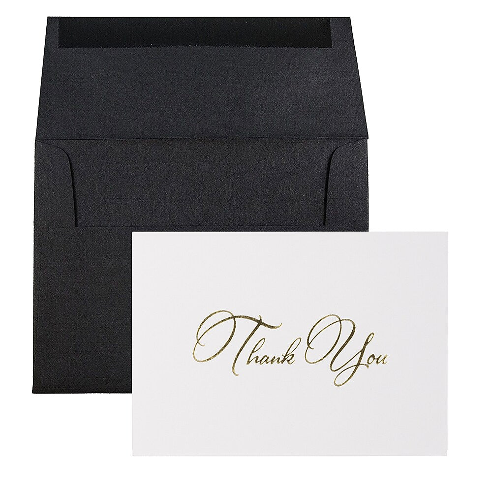 JAM PAPER Thank You Card Sets, White Care with Gold Script & Black Linen Envelopes, 25 Cards and Envelopes