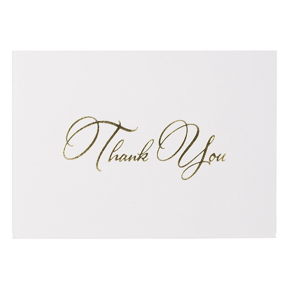 JAM PAPER Thank You Card Sets, White Care with Gold Script & Black Linen Envelopes, 25 Cards and Envelopes