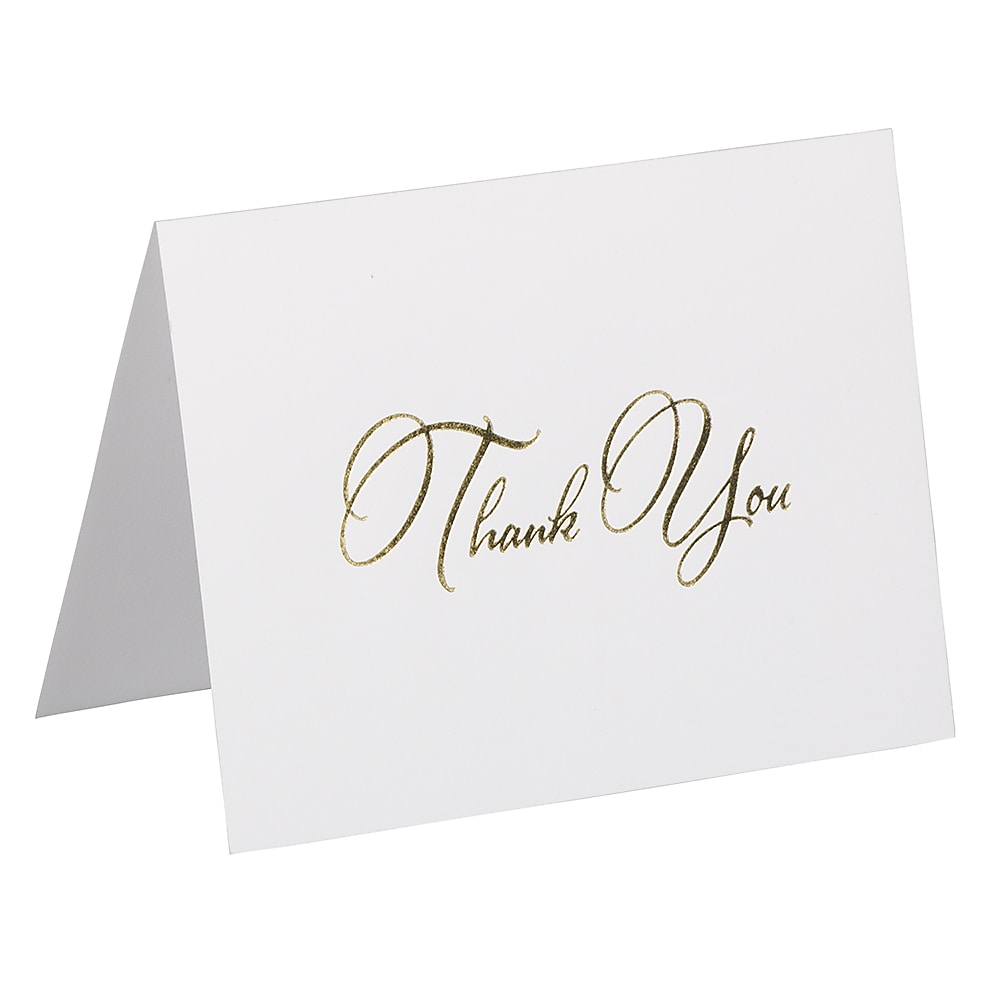 JAM PAPER Thank You Card Sets, White Care with Gold Script & Black Linen Envelopes, 25 Cards and Envelopes