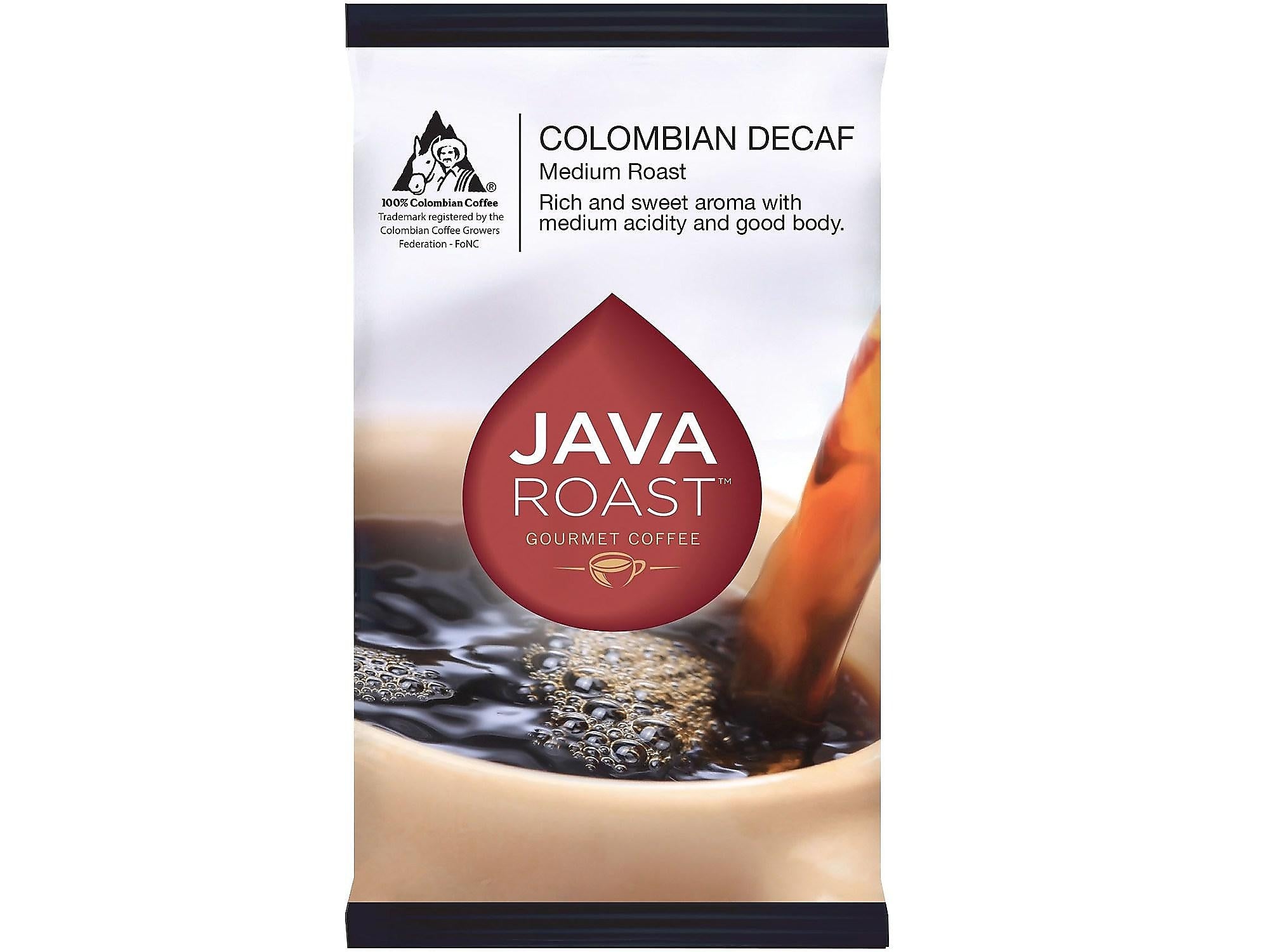 Java Roast Gourmet Colombian Decaf Ground Coffee with Bonus Filters, Medium Roast, 42/Carton
