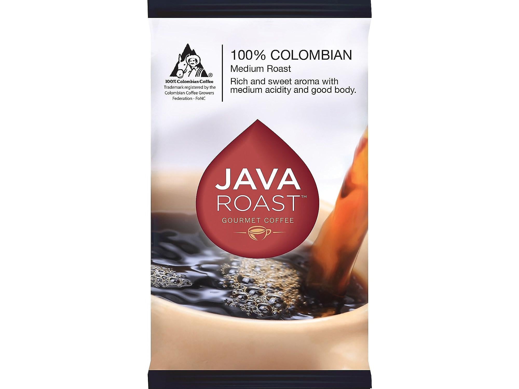 Java Roast Gourmet Colombian Ground Coffee with Bonus Filters, Medium Roast, 42/Carton