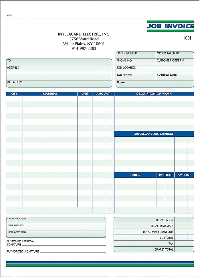 Job Invoice Form Ruled, 8-1/2" x 11", 2-Part, Qty 500