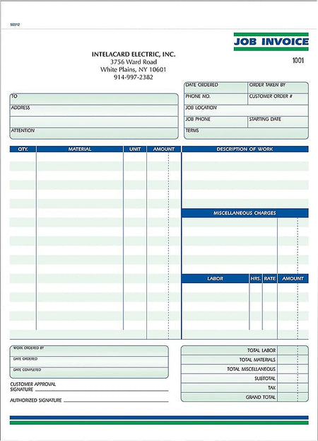 Job Invoice Form Ruled, 8-1/2" x 11", 2-Part, Qty 500