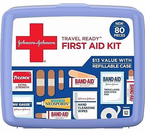 Johnson & Johnson Red Cross Travel Ready Portable Emergency First Aid Kit, 80 Pieces, Plastic Case