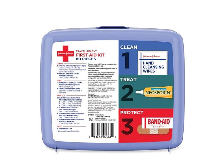 Johnson & Johnson Red Cross Travel Ready Portable Emergency First Aid Kit, 80 Pieces, Plastic Case