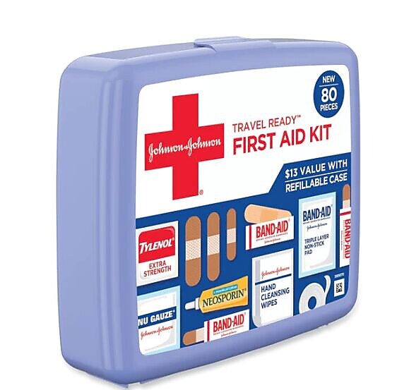 Johnson & Johnson Red Cross Travel Ready Portable Emergency First Aid Kit, 80 Pieces, Plastic Case