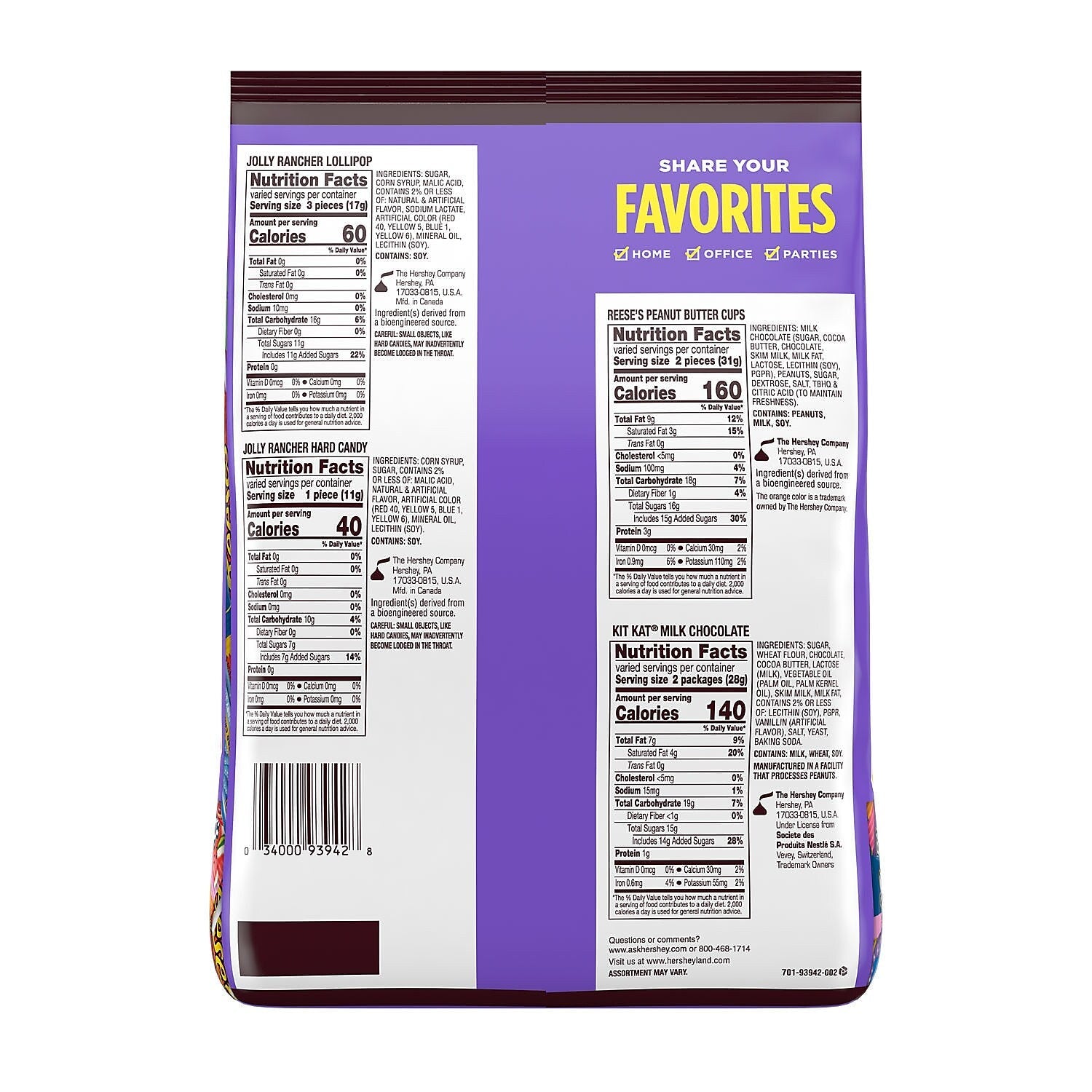 JOLLY RANCHER, KIT KAT and REESE'S Assorted Flavored Snack Size, Candy Party Pack, 34.19 oz
