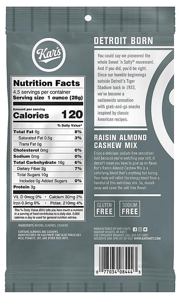 Kar's Raisin Almond Cashew Trail Mix, 4.5 oz., 12 Bags/Pack
