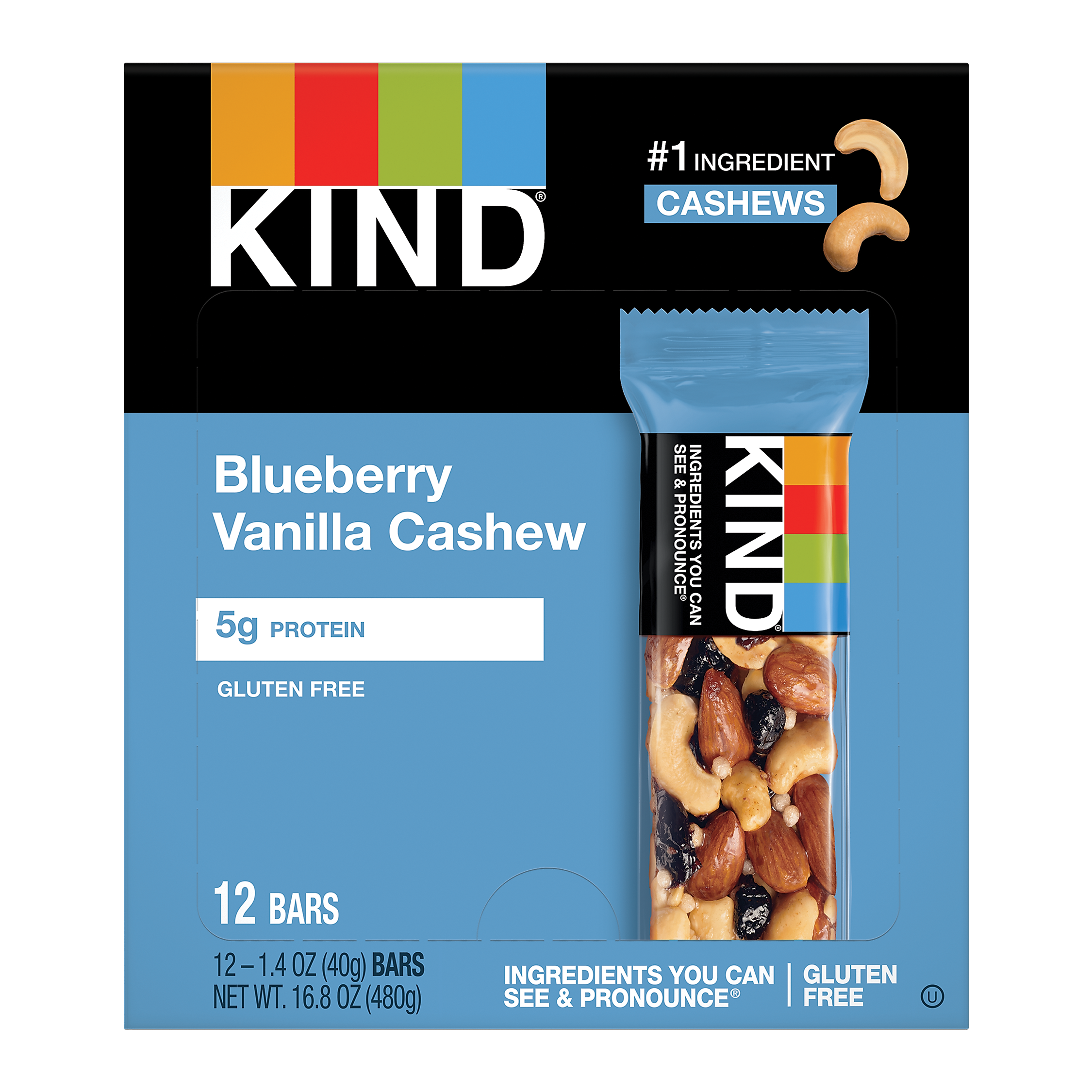 KIND Gluten Free Blueberry Vanilla & Cashew Nut Bar, 12 Bars/Box