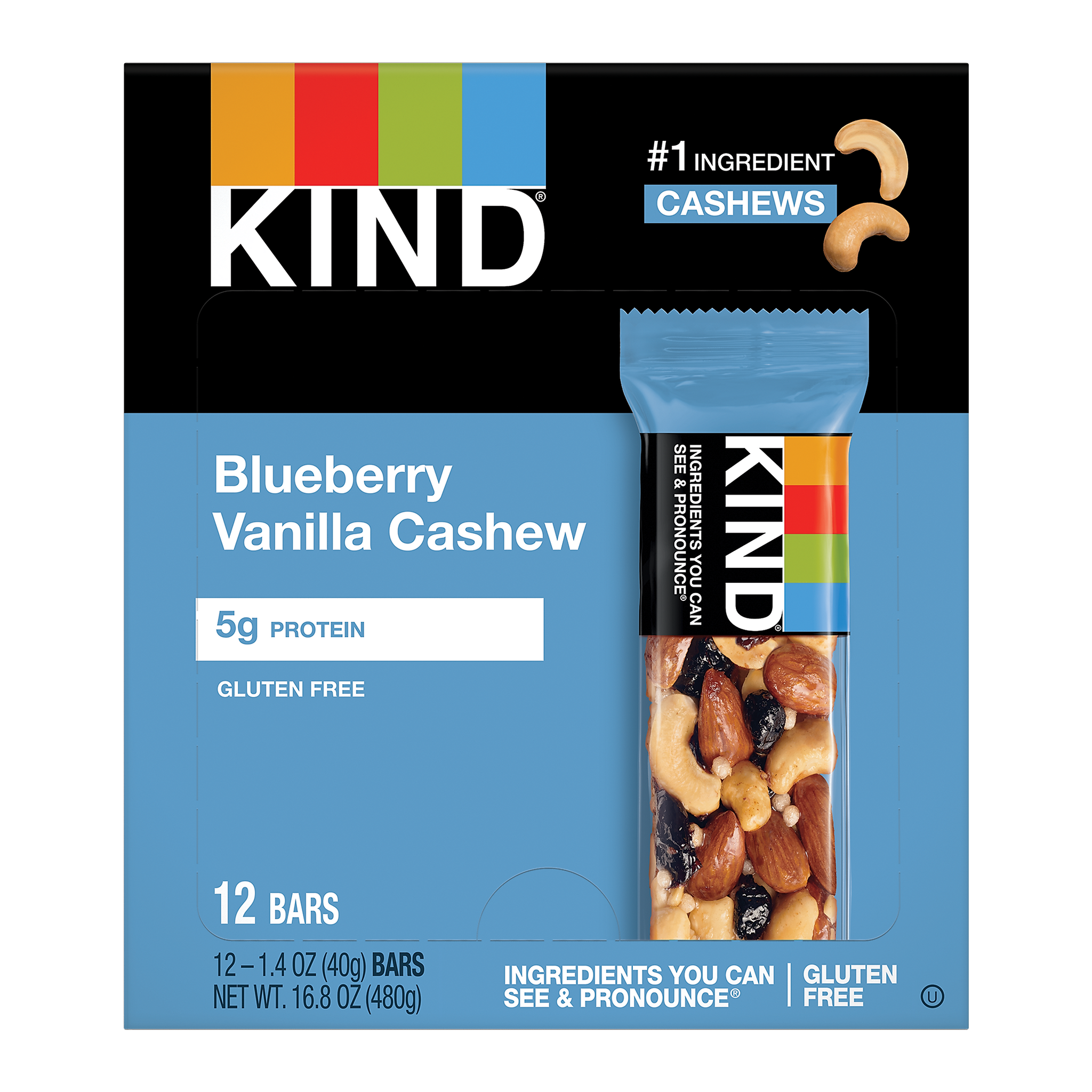 KIND Gluten Free Blueberry Vanilla & Cashew Nut Bar, 12 Bars/Box