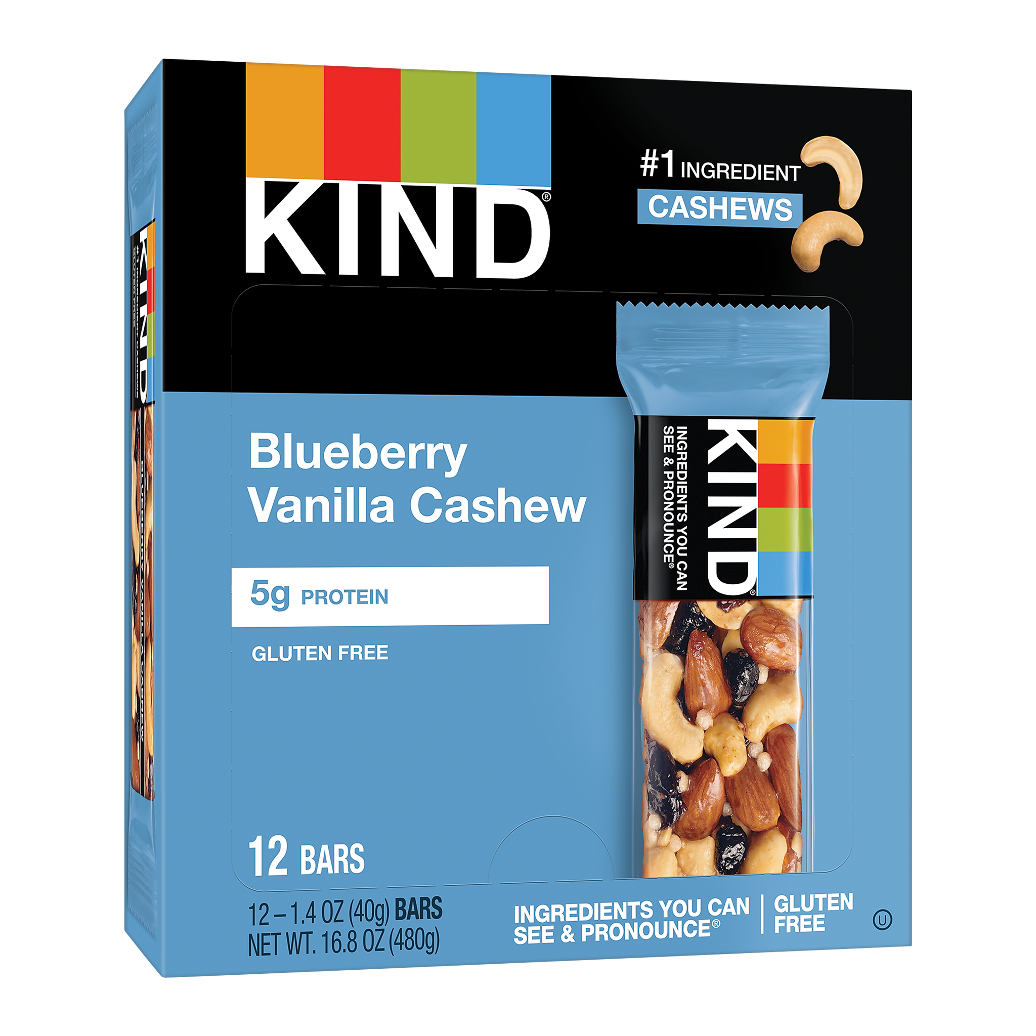 KIND Gluten Free Blueberry Vanilla & Cashew Nut Bar, 12 Bars/Box