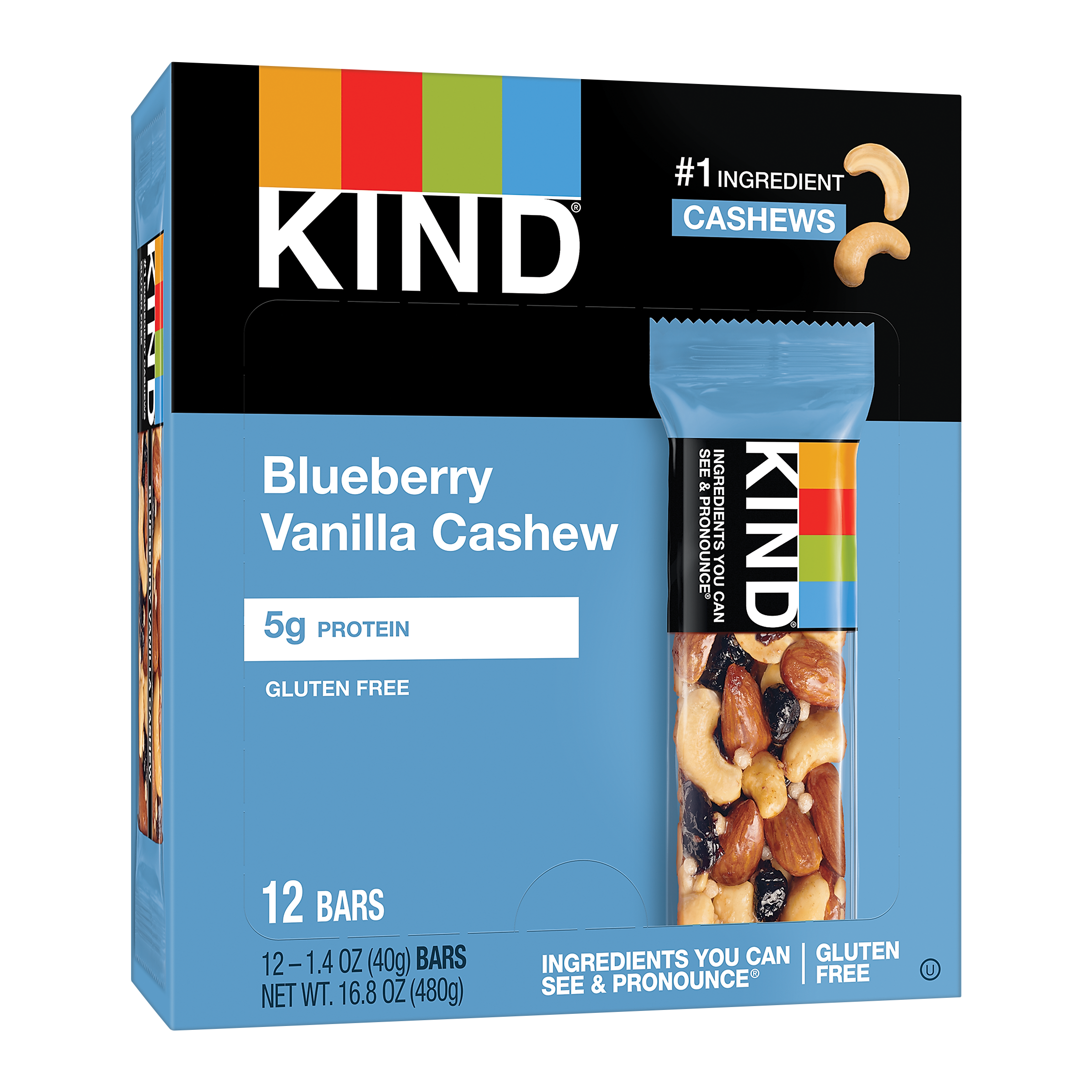 KIND Gluten Free Blueberry Vanilla & Cashew Nut Bar, 12 Bars/Box