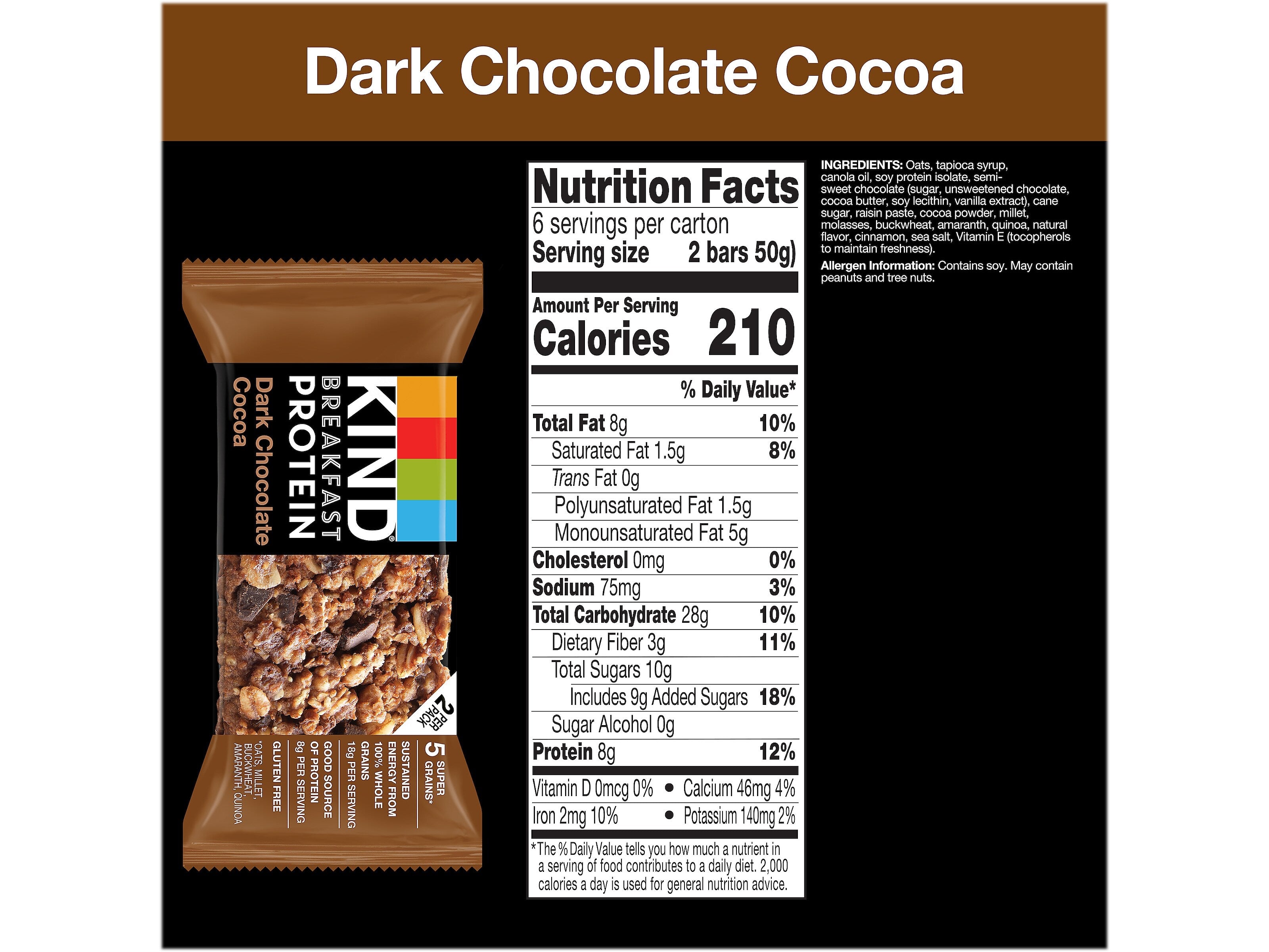 KIND Gluten-Free Dark Chocolate Cocoa Protein Breakfast Bar, 0.88 oz., 6 Bars/Box