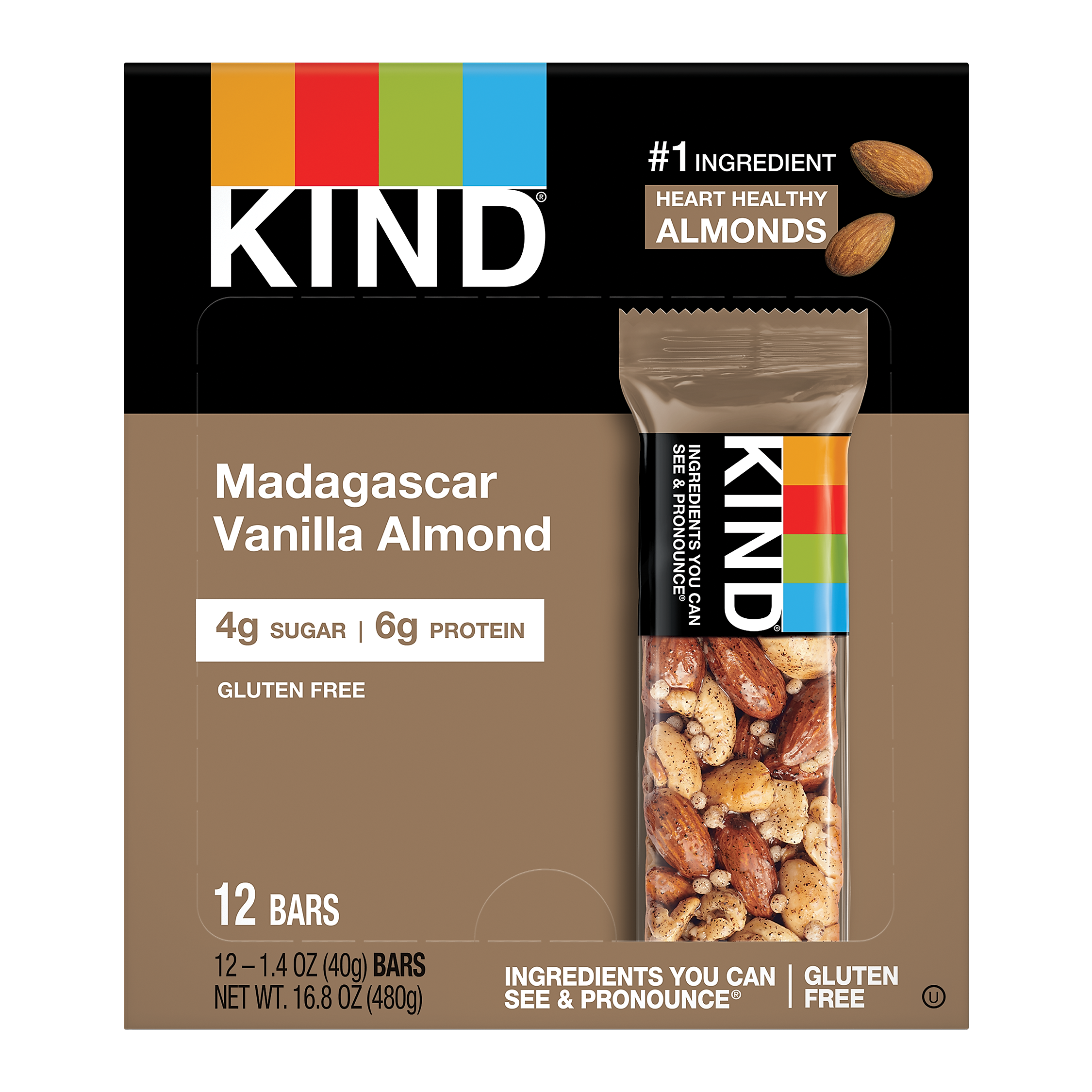 KIND Gluten Free Madagascar Vanilla Almond Nut Bar, 12 Bars/Box