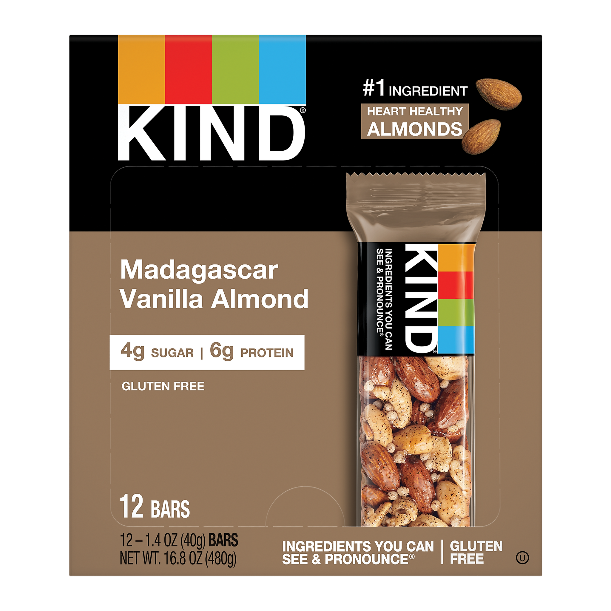 KIND Gluten Free Madagascar Vanilla Almond Nut Bar, 12 Bars/Box