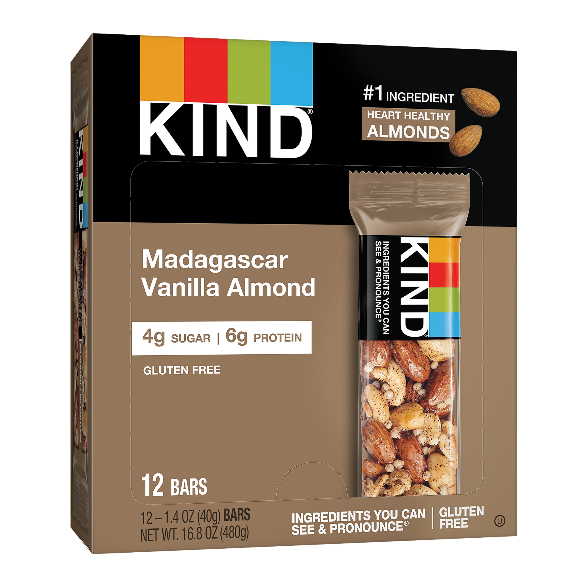 KIND Gluten Free Madagascar Vanilla Almond Nut Bar, 12 Bars/Box