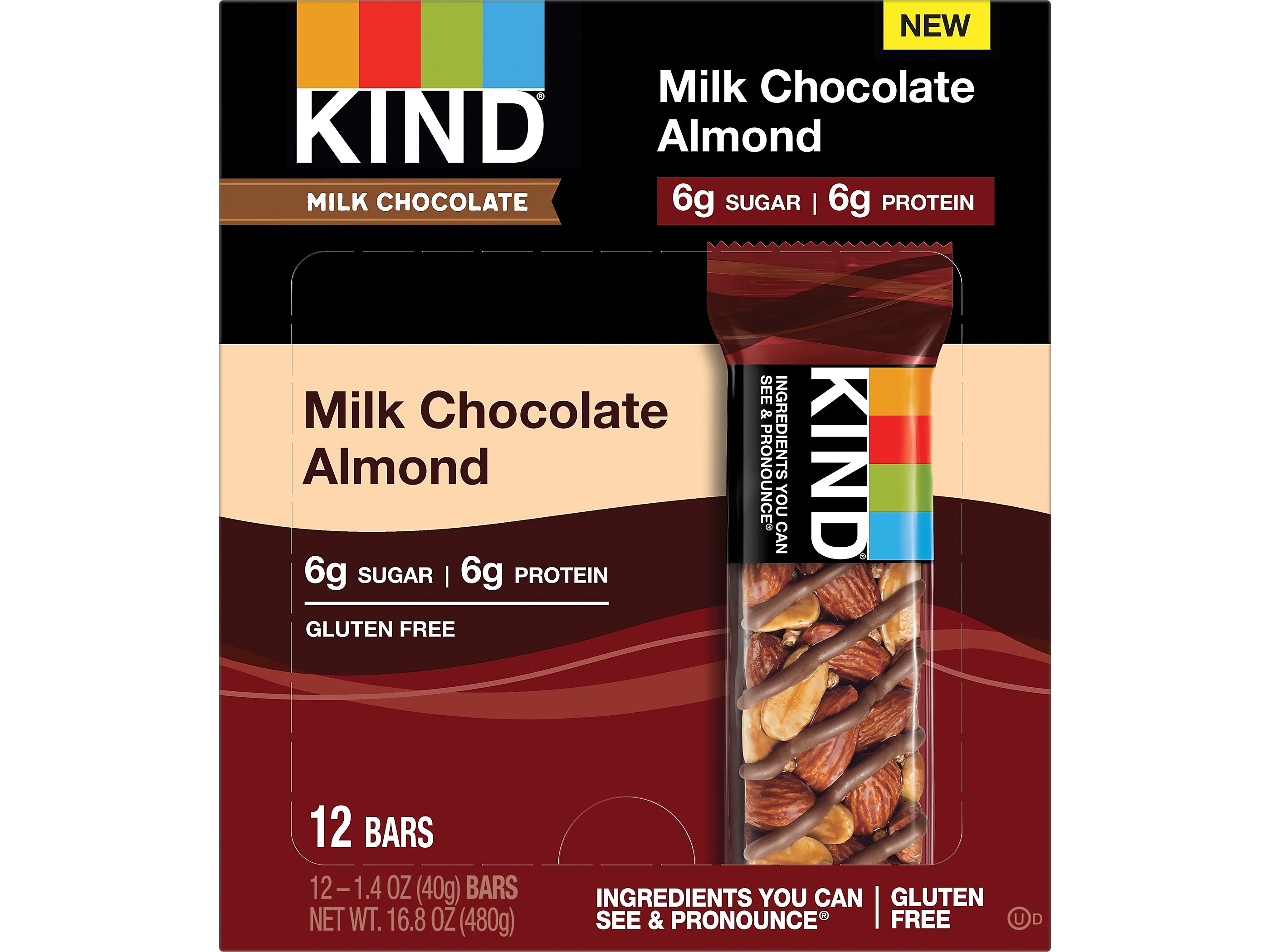 KIND Gluten Free Milk Chocolate/Almond Nut Bar, 12 Bars/Box