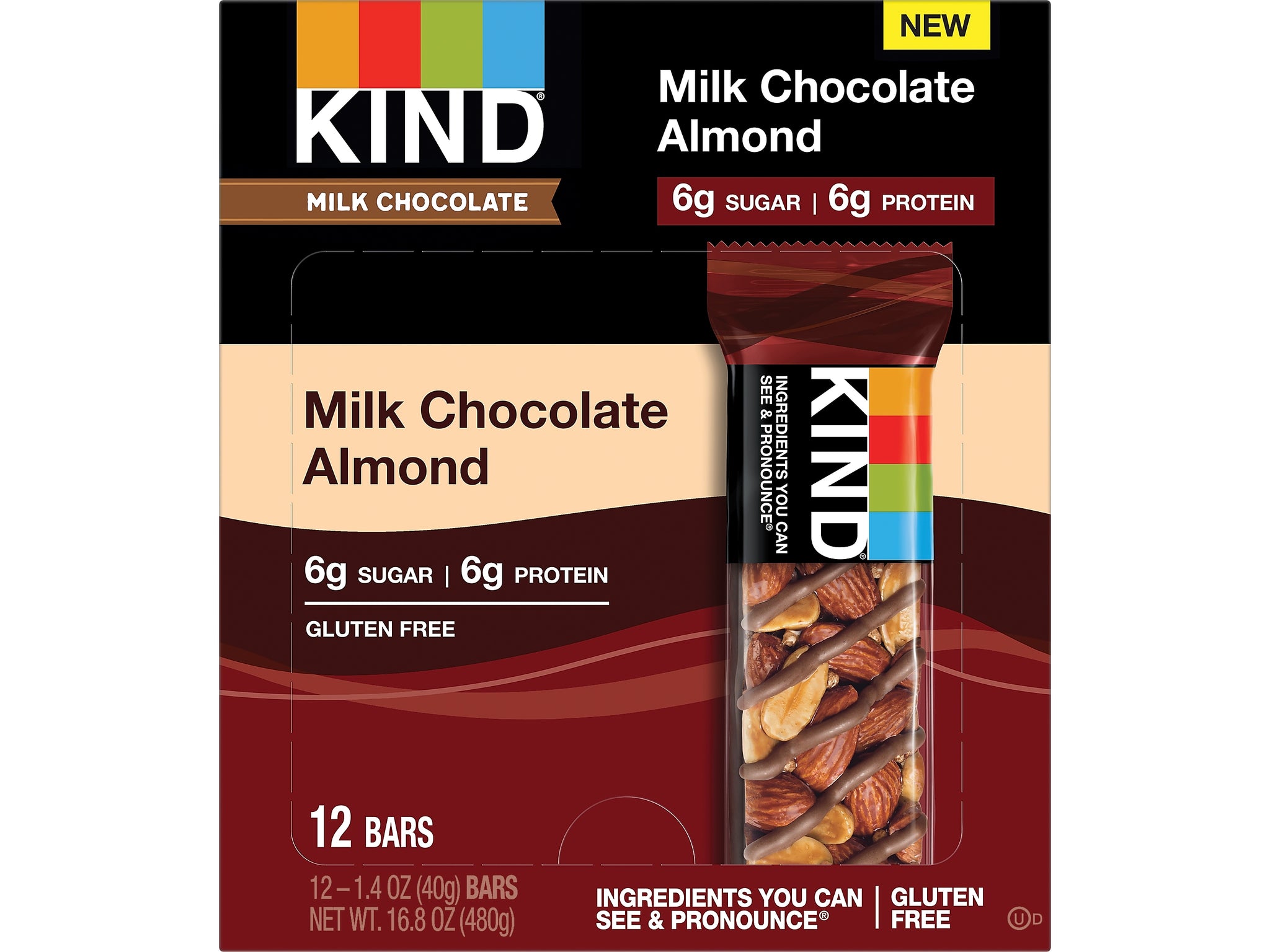 KIND Gluten Free Milk Chocolate/Almond Nut Bar, 12 Bars/Box