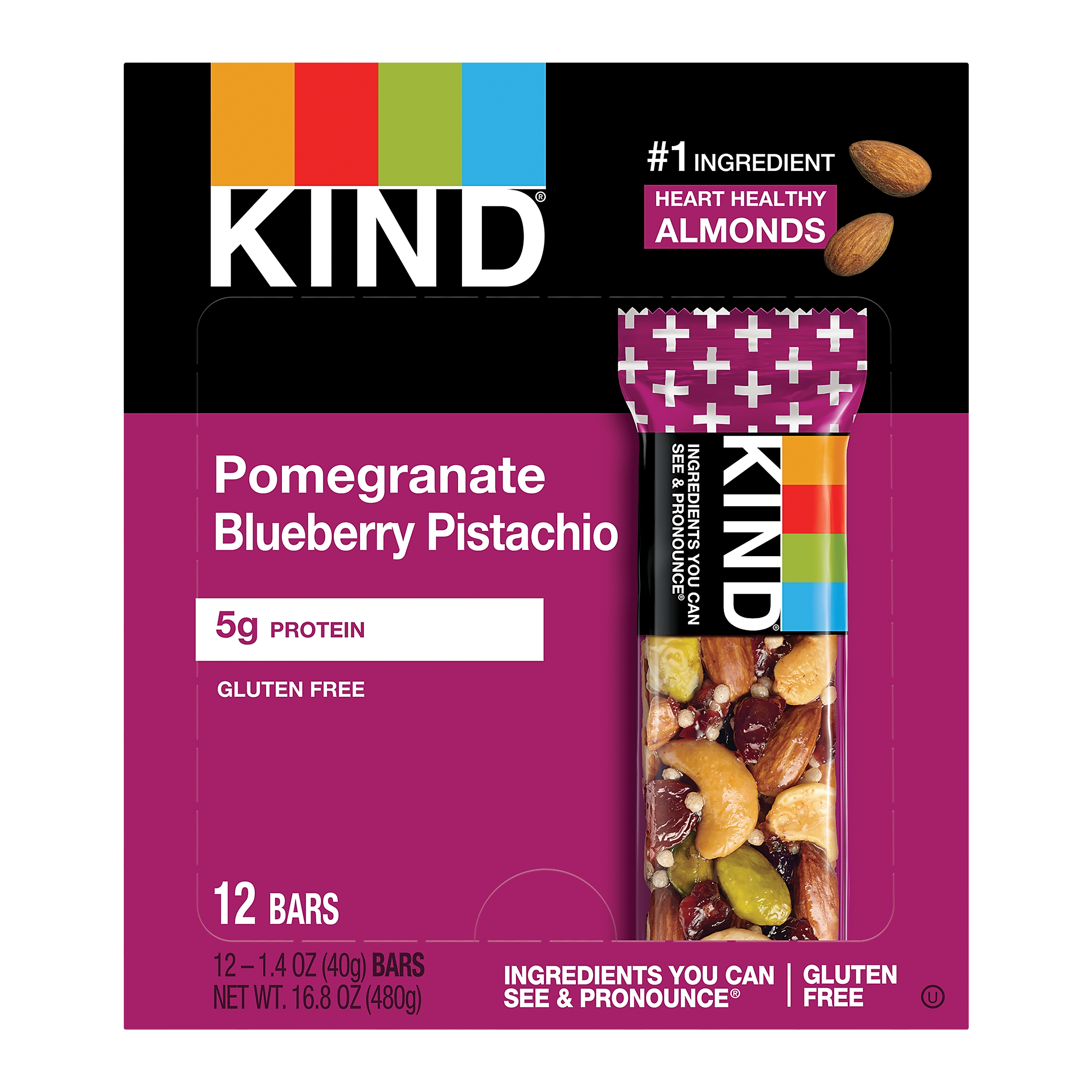 KIND Gluten Free Pomegranate Blueberry Pistachio Nutrition Bar, 1.4 oz., 12 Bars/Box
