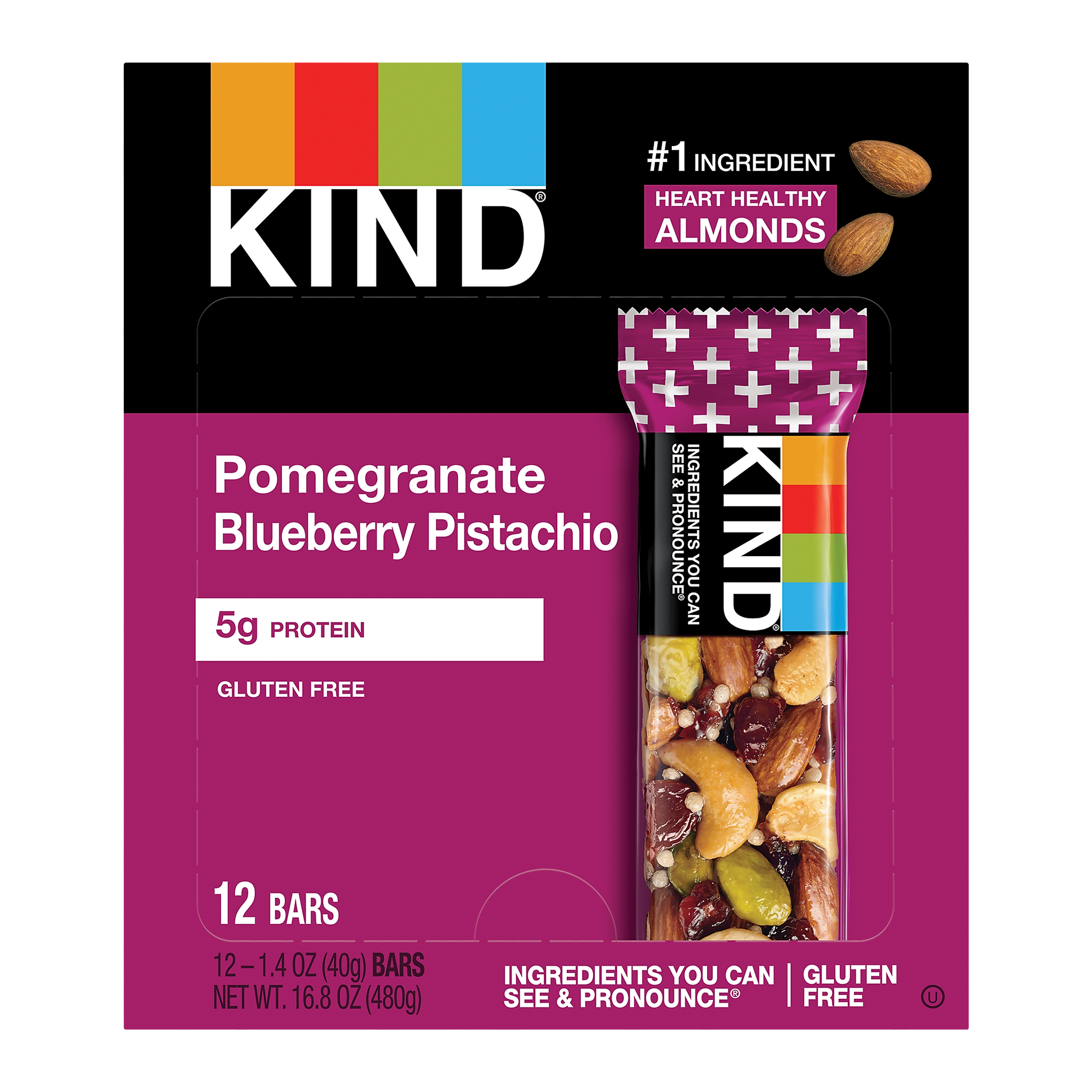 KIND Gluten Free Pomegranate Blueberry Pistachio Nutrition Bar, 1.4 oz., 12 Bars/Box