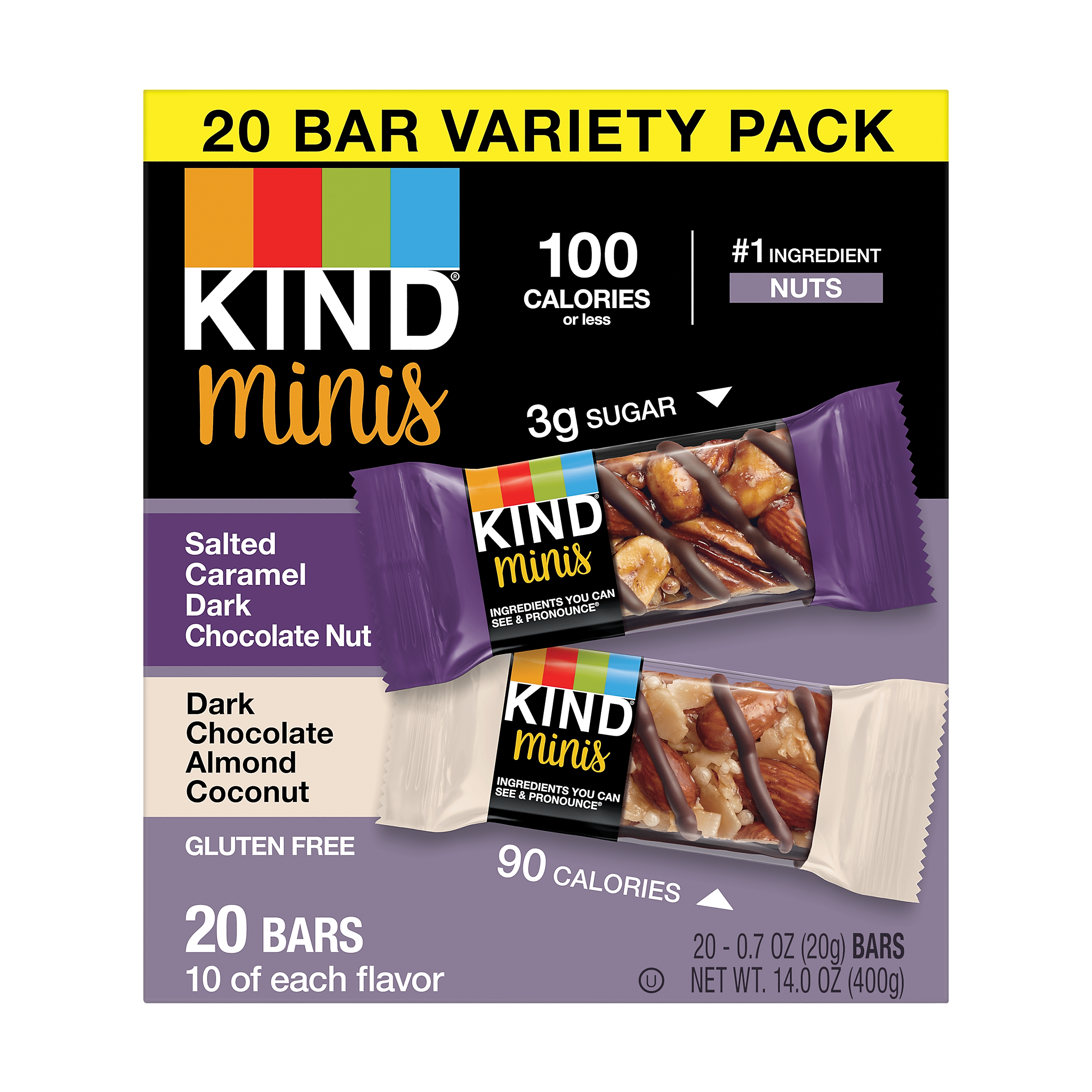 KIND Minis Bars, Salted Caramel Dark Chocolate Nut/Dark Chocolate Almond Coconut, 0.7 Oz., 20/Pack